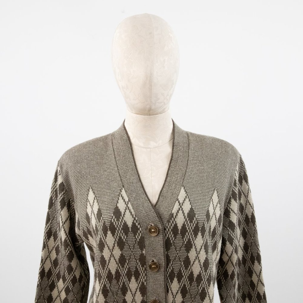 Vintage 80s M Argyle Plaid Print Sweater Brown - Picture 3 of 10